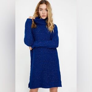 Knit Sweater Dress Size Large High Collar Side Slits Dark Blue NWT